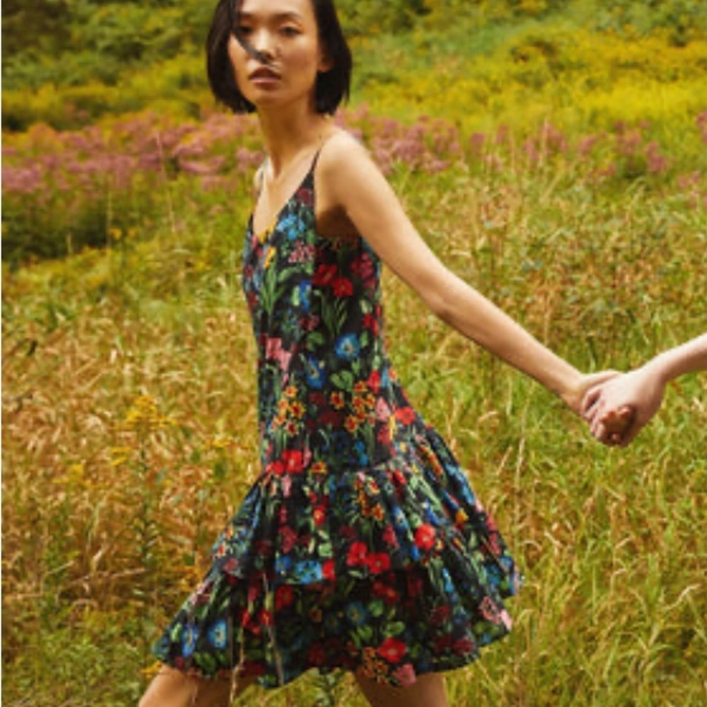 Cara Cara Tory Dress Tiered Ruched Botanical Allover Black Women's Size XS